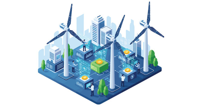 An isometric digital illustration portrays workers managing bitcoin mining operations and cryptocurrency servers powered by large wind turbines in a modern city.