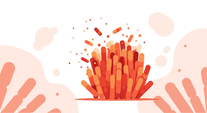 Abstract Coral Growth Illustration: Vibrant Red and Orange Organic Forms with Floating Particles