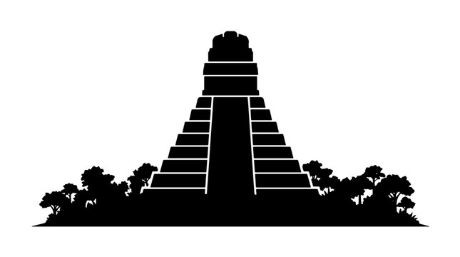 Vector silhouette of Chich&eacute;n Itz&aacute; Pyramid with stepped terraces and temple top, iconic Mexican Mayan architectural landmark art