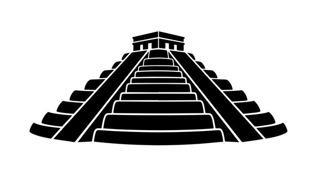 Vector silhouette of Chich&eacute;n Itz&aacute; Pyramid with stepped terraces and temple top, iconic Mexican Mayan architectural landmark art