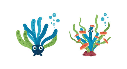 Fototapeta premium Cute Cartoon Seaweed Characters with Bubbles, Underwater Flora, Vector Illustration