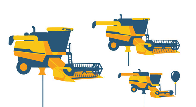 Combine Harvester Icons: Yellow and Blue Agricultural Machinery Set