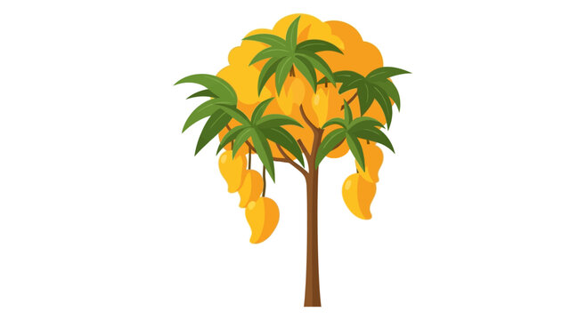 Ripe Mango Tree with Yellow Fruits and Green Leaves, Isolated on White Background