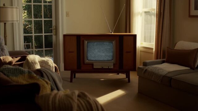 80s wooden TV cabinet with static noise, rabbit ear antennas, cozy living room, knitted blankets, nostalgic media atmosphere. Concept for retro technology nostalgia