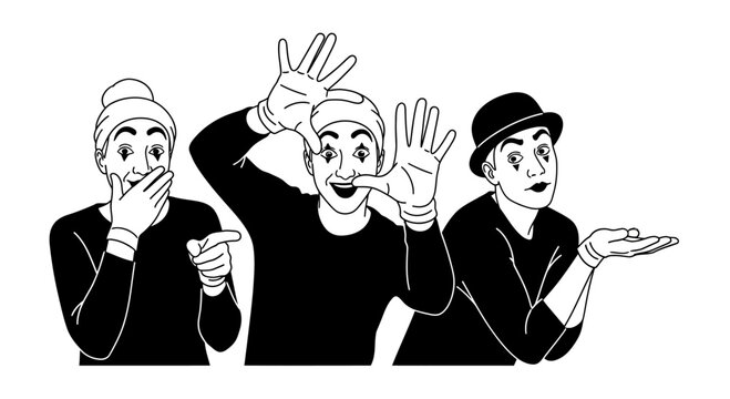 Three Mimes Performing Expressive Gestures and Emotions in Black and White