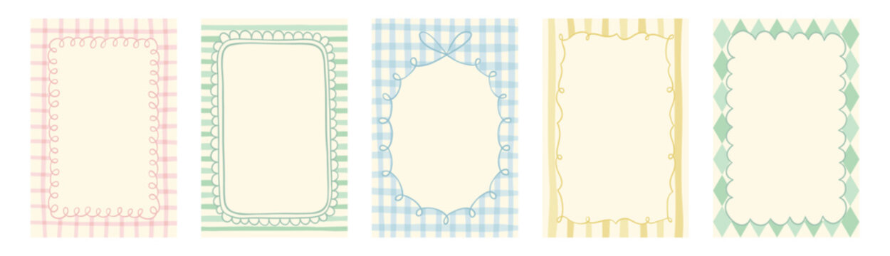 Vintage cottagecore hand drawn frames with plaid and striped backgrounds and lace borders for poster, wedding invitations cards, scrapbooking. Whimsical lines, bows, ribbons in whimsical french style