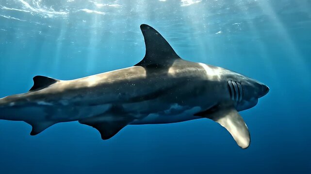 Majestic Great White Shark Glides Through Sunlit Ocean Waters.