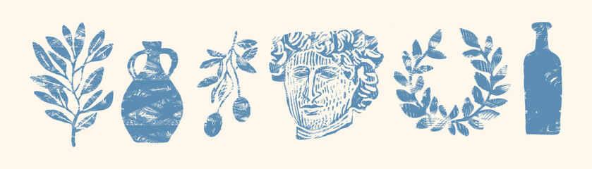 Greek antiquity linocut vector banner — blue rustic leaf, amphora, olive branch, god bust, laurel wreath and bottle engraved stamp icons for Mediterranean vintage poster or label design © Maria Petrish