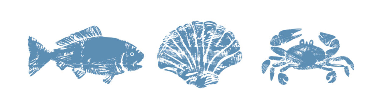 Mediterranean seafood linocut vector trio &mdash; blue rustic fish, scallop shell and crab engraved stamp icons, isolated naive illustrations for coastal menu, nautical or summer design