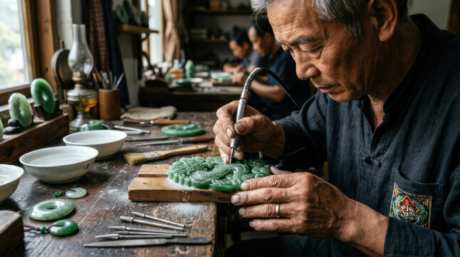 Jade Artisan Carving Stone with Precision Tools in Workshop