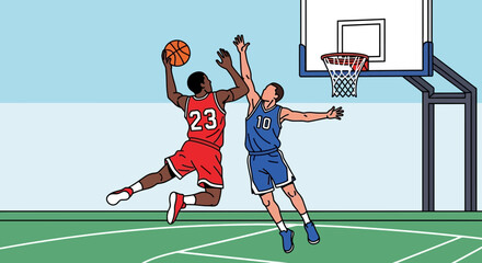 Basketball players jumping for a slam dunk on outdoor court, action shot © Lina