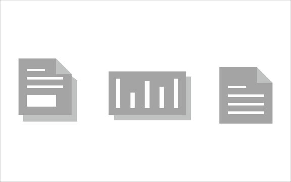 Financial data documents. Gray documents with drop shadows, featuring lines of text. Business reports and financial analytical data. Flat Illustrator vector file. High quality image