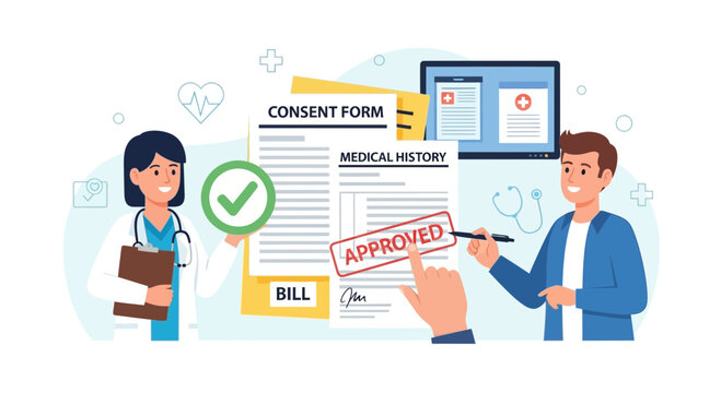 Doctor Approves Patient Medical Consent Form with Approved Stamp and Bill