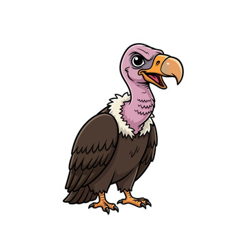 Cartoon illustration of a scavenger vulture bird character with a bald pink head, white feather ruff, brown plumage, and sharp orange hooked beak isolated on white background.