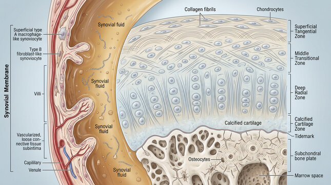 Journey into the joint showing the delicate interplay of cartilage cells bone tissue and vital synovial fluid