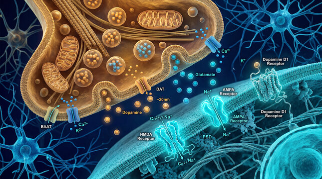 Dynamic dance of neurotransmitters across a synaptic cleft, revealing intricate cellular communication within the brain