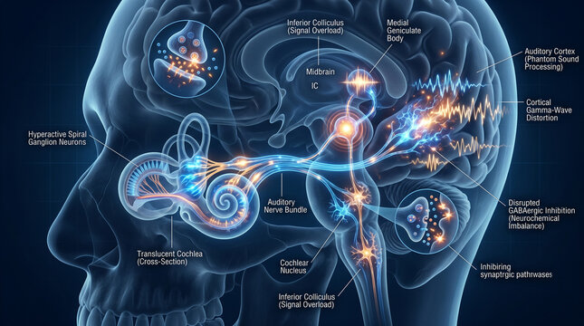 Whispers within the mind a vibrant neural journey illustrating auditory system pathways and potential imbalances