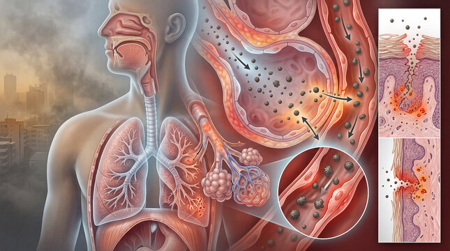 Urban haze infiltrates respiratory pathways, detailing particulate matter journey through lungs into human circulatory system
