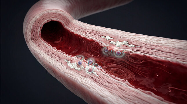 Arterial passage reveals intricate inner wall with calcified plaques and vibrant particles interacting within the flowing current
