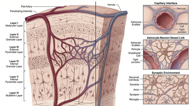 Delving deep into the cerebral cortex, an artistic portrayal of its six layers, the branching blood vessels, and the intricate cellular dance within