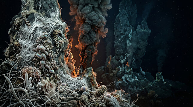 Subterranean chimneys erupting fiery plumes amidst a vibrant tapestry of alien life on the deep ocean floor