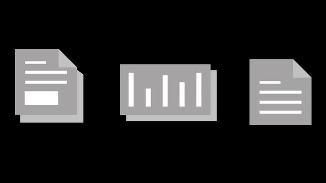 Financial data documents. Gray documents with drop shadows, featuring lines of text. Business reports and financial analytical data. 2D motion graphics in 4K resolution with alpha channel.