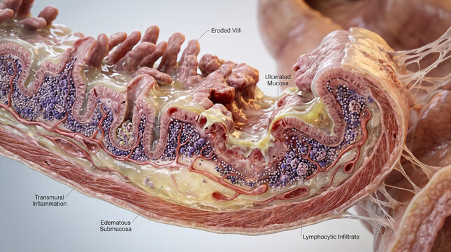 Journey into the inflamed human intestine, a vivid exploration of eroded villi, ulcerated mucosa, and pervasive cellular turmoil