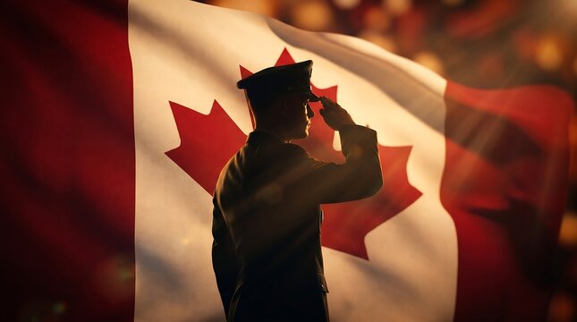 Cinematic silhouette of a saluting soldier against a waving Canadian flag with warm lens flare and bokeh light effects, symbolizing honor, remembrance, and patriotism.