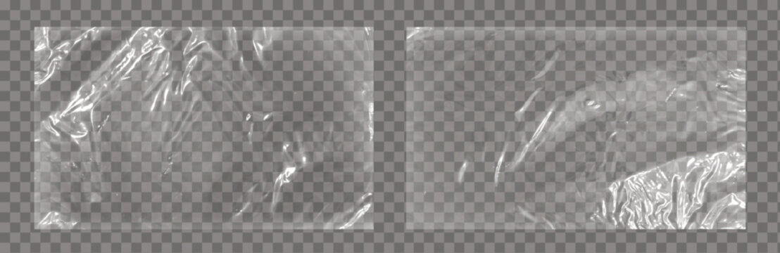 Realistic set of transparent plastic polyethylene bags overlay. Wrapping packaging vinyl texture. Vector illustration