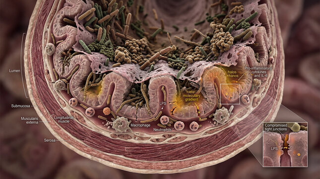 Microscopic vista of the intricate gut displaying a dynamic microbial ecosystem and active immune surveillance within the intestinal lining