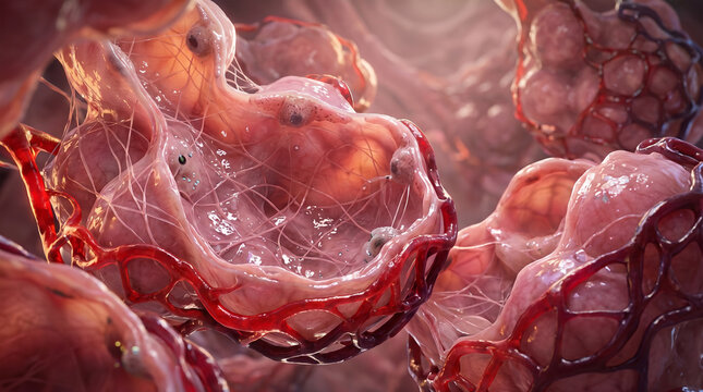 Microcosmic dance of life blood, where intricate alveoli and vibrant capillaries perform vital respiratory exchange within the lungs