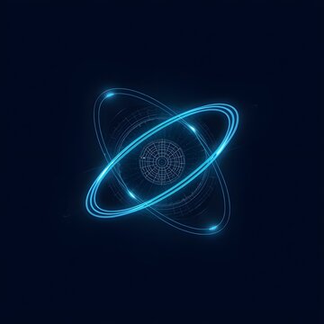 "Tech blue light trails forming a futuristic gyroscope orbit interface with central core sphere".