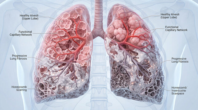 Illustrating the stark contrast between vibrant healthy lung tissue and advanced pulmonary fibrosis showing honeycomb scarring