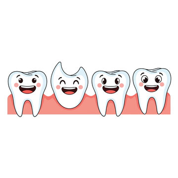 Cute Cartoon Teeth Characters with Missing Tooth, Dental Health Concept