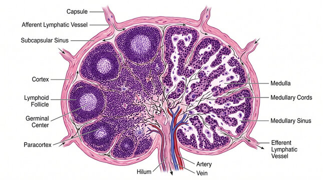 Journey through a lymph node revealing its intricate internal architecture and vital role in the body's defense system