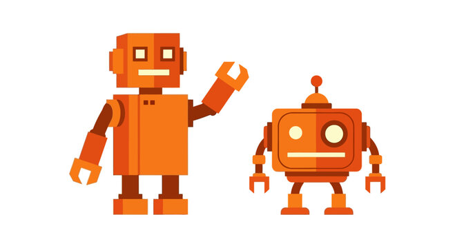 Cute Orange Robots, One Tall Pixelated, One Small Round, Waving Hello