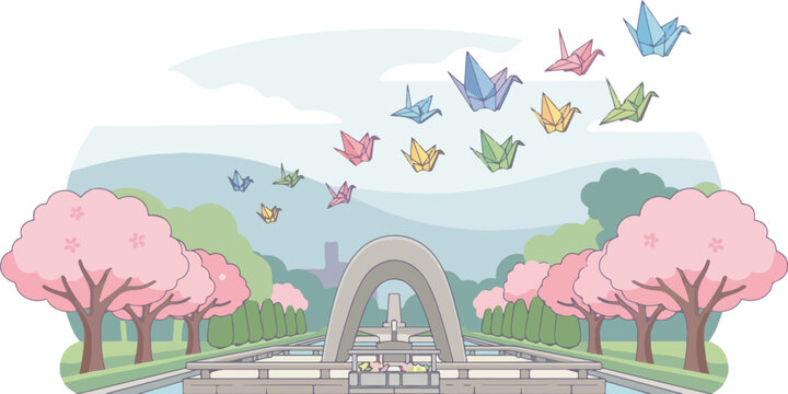 Illustration honoring Hiroshima Day, featuring paper cranes flying over a memorial with cherry blossoms