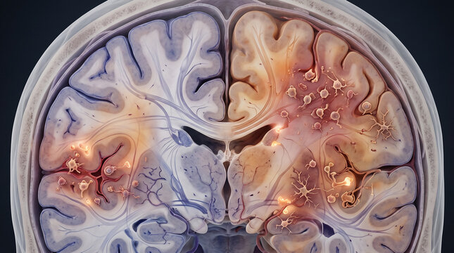Journey into the mind's depth revealing a profound contrast of neural health and rampant inflammation across brain hemispheres