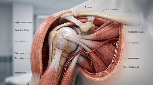 Journey into the human shoulder revealing its intricate anatomy showcasing muscles tendons bones and vital nerves