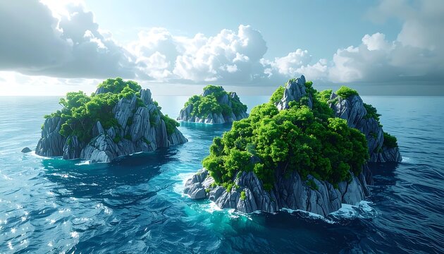 Archipelago of rocky islands covered in lush green vegetation, surrounded by sparkling turquoise ocean water under a dramatic cloudy sky