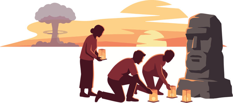 Commemorating Hiroshima Day with a solemn illustration of people lighting candles near a stone statue at sunset
