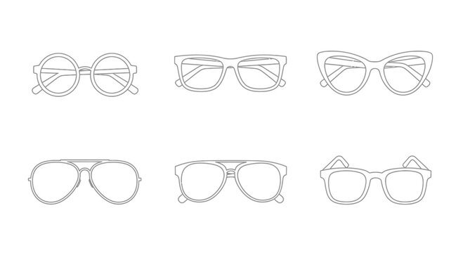 Set of Six Different Eyeglasses Styles Outline Icons, Vector Illustration