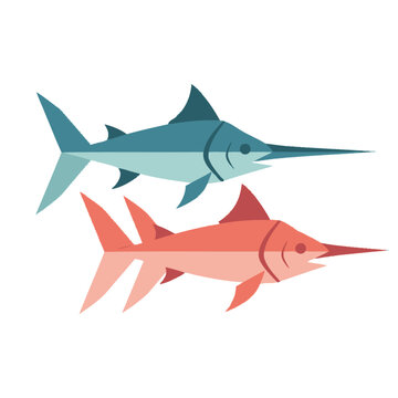 Two stylized swordfish, one blue and one pink, swimming side by side, vector illustration