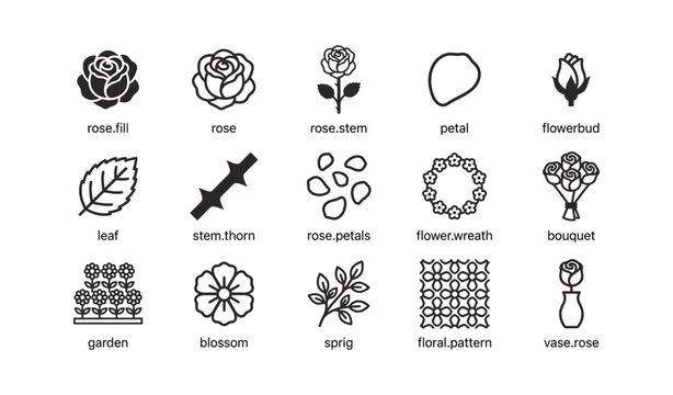 Rose and floral icons showing petals stems and bouquets