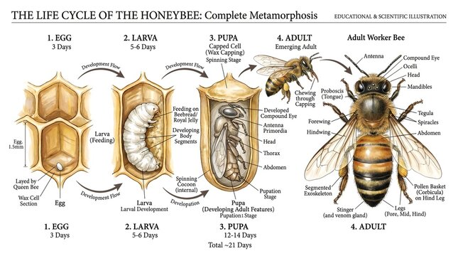 Detailed life cycle of the honeybee diagram showing egg, larva, pupa and adult worker stages inside wax comb cells, with labeled anatomy and days of development to illustrate complete metamorphosis fo