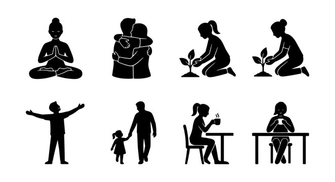 Diverse Human Activities Set: Yoga, Hugging, Gardening, Family, Relaxation, Work, 8 Icons