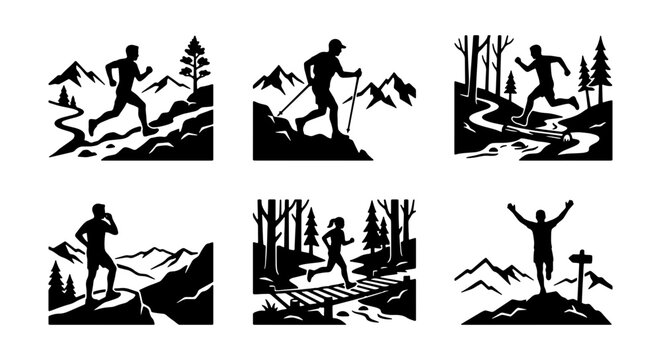 Trail Running Vector Icons, Mountain Landscape Silhouettes, Outdoor Sports Activity Graphics, Adventure Set