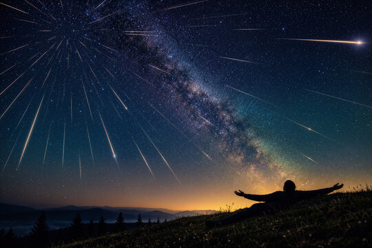 Perseid meteor shower August night sky over silhouetted person lying on hilltop meadow under Milky Way meteor peak surrender to cosmos Perseus August 12 August 13