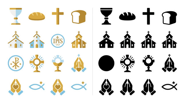 Christianity symbols and icons collection, including chalice, bread, cross, church, host, praying hands, and fish.