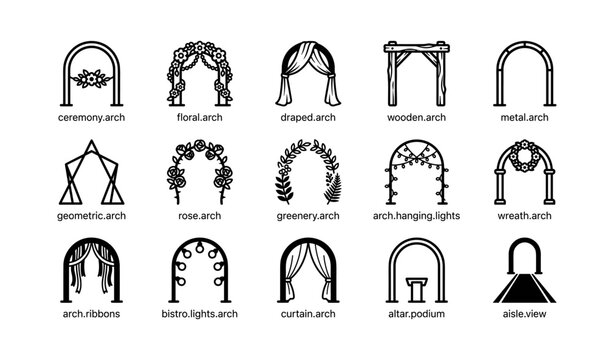 Wedding arch illustrations arranged in grid on white background